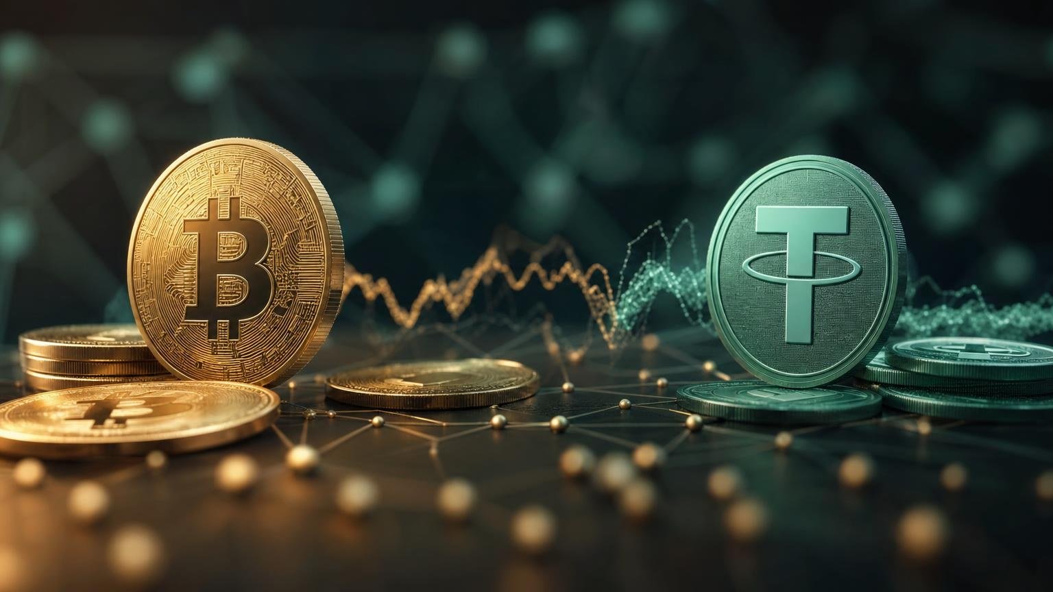 Grafico del prezzo di Bitcoin accanto a una schermata di conversione da BTC a USDT con controlli su tasso, rete e importo ricevuto
